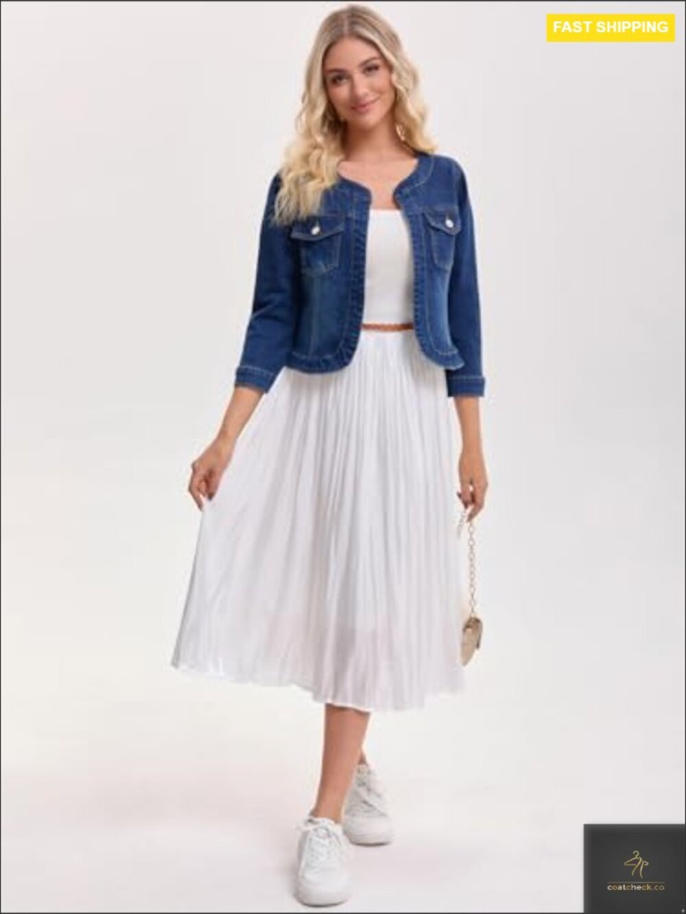 Collarless Denim Jacket Cardigan 3/4 Sleeve Button Front Casual Chic Jean Coat - Picture 3 of 6